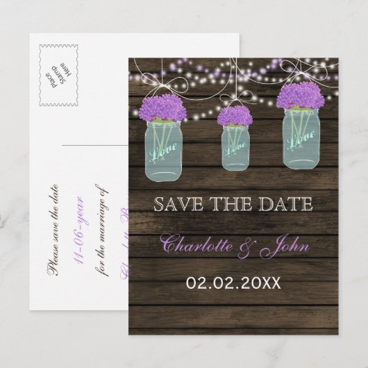 Purple Flowers Mason Jars Barn Wood Weddenschap Aankondigingskaart (Voorkant / Achterkant)
