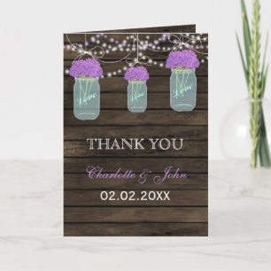Purple Flowers Mason Jars Barn Wood Weddenschap Bedankkaart