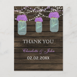Purple Flowers Mason Jars Barn Wood Weddenschap Briefkaart