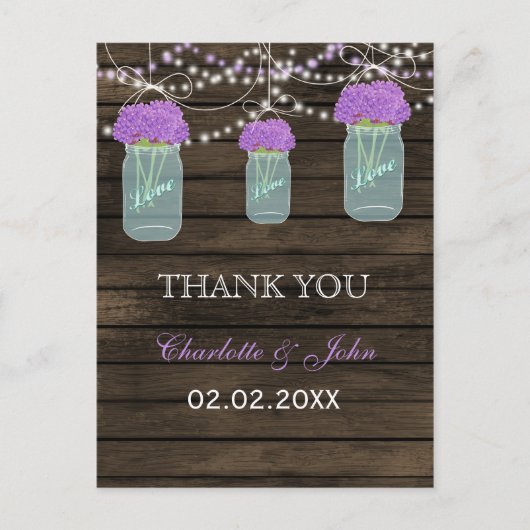 Purple Flowers Mason Jars Barn Wood Weddenschap Briefkaart (Voorkant)