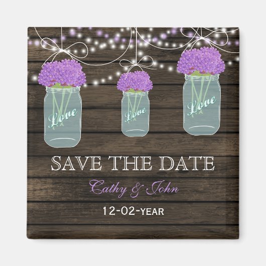 Purple Flowers Mason Jars Barn Wood Weddenschap Magneet (Voorkant)