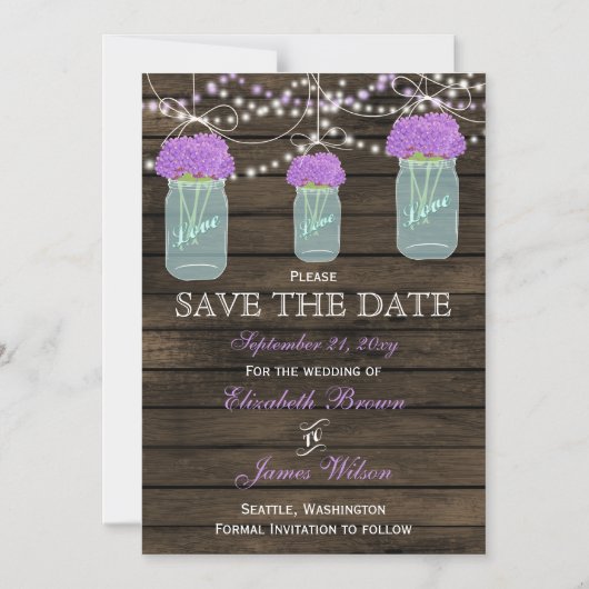 Purple Flowers Mason Jars Barn Wood Weddenschap Magnetische Uitnodiging (Voorkant)