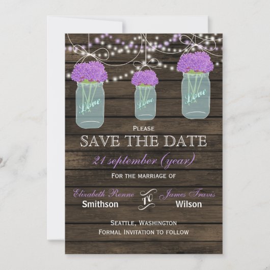 Purple Flowers Mason Jars Barn Wood Weddenschap Save The Date (Voorkant)