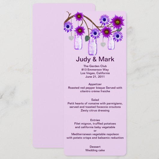 Purple Flowers Mason Jars Menu Kaart (Voorkant / Achterkant)