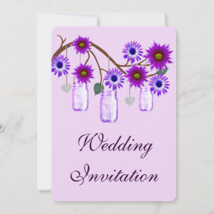 Purple Flowers Mason Jars Wedding Invitation Kaart