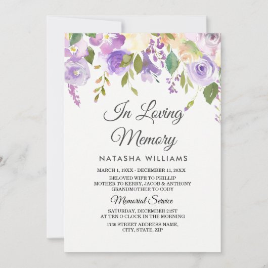 Purple Flowers Memorial Notice Service Kaart (Voorkant)