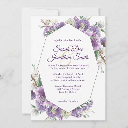 Purple Flowers met Lijst Wedding Invitation Kaart (Voorkant)