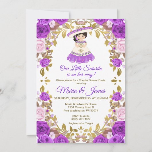 Purple Flowers Mexican Fiesta Couples douche Kaart (Voorkant)