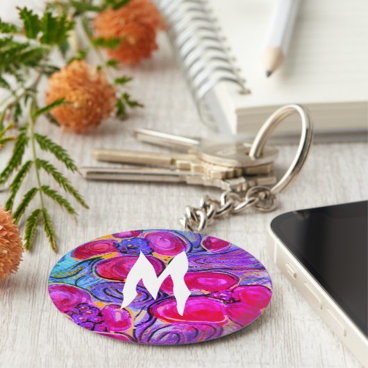 Purple Flowers Monogram Fantasy Sleutelhanger (Zijkant)