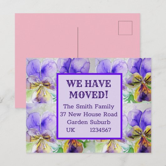 Purple Flowers New Address Briefkaart, we verplaat Briefkaart (Voorkant / Achterkant)