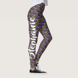 Purple Flowers op Groene, Persoonlijke Naam Leggings