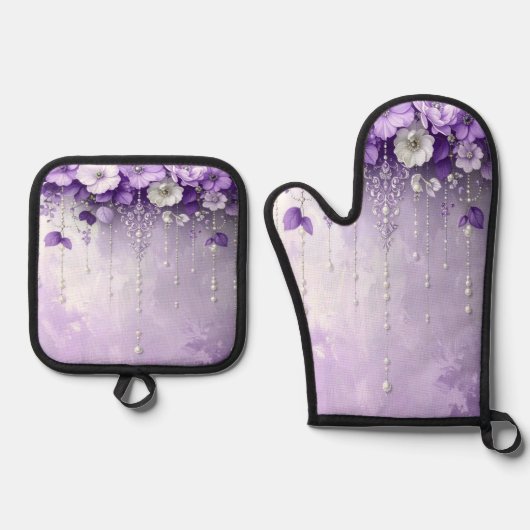 Purple Flowers Oven Mitt & Pot Holder Set (Voorkant)