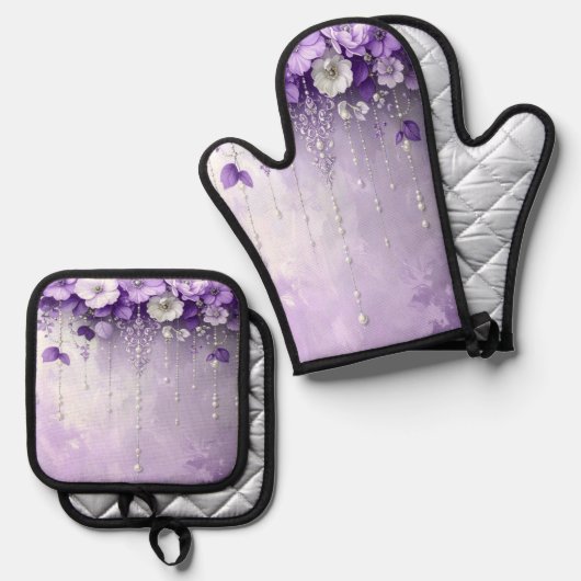 Purple Flowers Oven Mitt & Pot Holder Set (Voorkant / Achterkant)