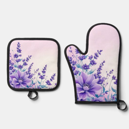 Purple Flowers Ovenwant & Pannenlap Set (Voorkant)