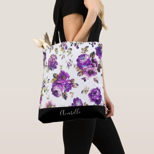 Purple Flowers Pattern met Monogram Canvas tas (Dichtbij)