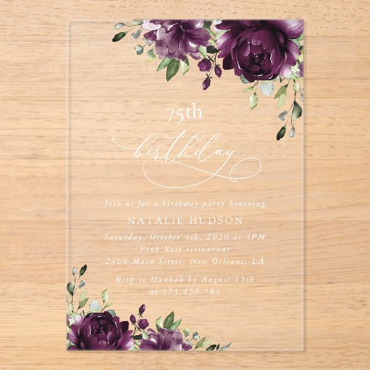 Purple Flowers, Plum Flowers, Boho, Birthday Acryl Uitnodigingen (Voorkant)