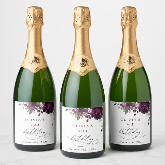 Purple Flowers, Plum Flowers, Boho, Birthday Sparkling Wijnetiket (Flessen)