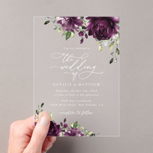 Purple Flowers, Plum Flowers, Boho, Floral Wedding Acryl Uitnodigingen (Insitu (Draagbaar))