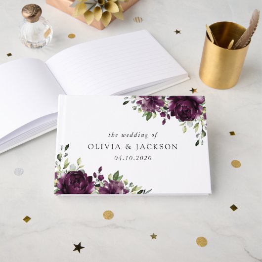 Purple Flowers, Plum Flowers, Boho, Floral Wedding Gastenboek (Voorkant open)