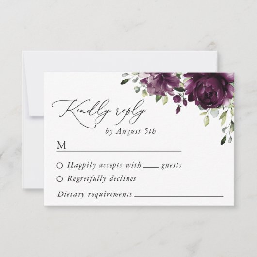 Purple Flowers, Plum Flowers, Boho, Floral Wedding RSVP Kaartje (Voorkant)