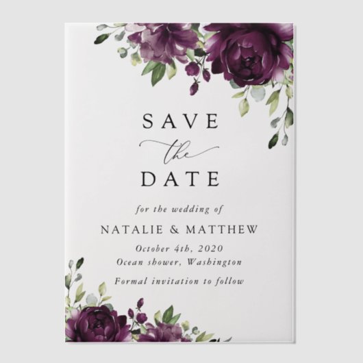 Purple Flowers, Plum Flowers, Boho, Floral Wedding Vellum Uitnodigingen (Voorkant)