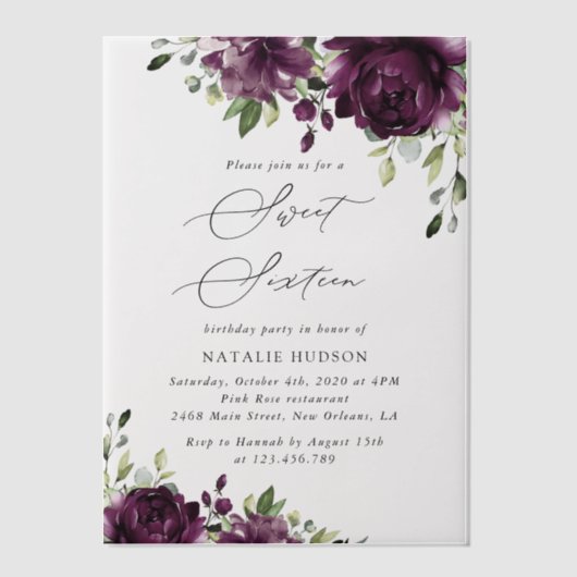 Purple Flowers, Plum Flowers, Boho, Sweet 16 Vellum Uitnodigingen (Voorkant)