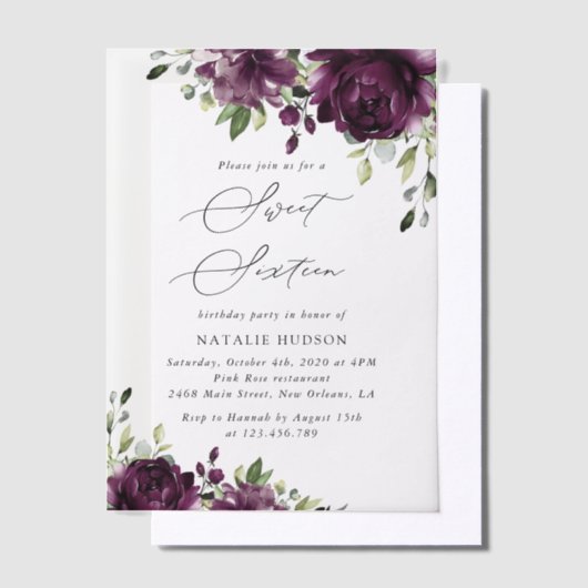 Purple Flowers, Plum Flowers, Boho, Sweet 16 Vellum Uitnodigingen (Offset)