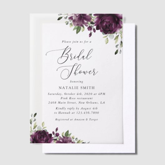 Purple Flowers, Plum Flowers, Boho, Vrijgezellenfe Vellum Uitnodigingen (Offset)