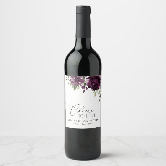 Purple Flowers, Plum Flowers, Boho, Vrijgezellenfe Wijn Etiket (Voorkant)