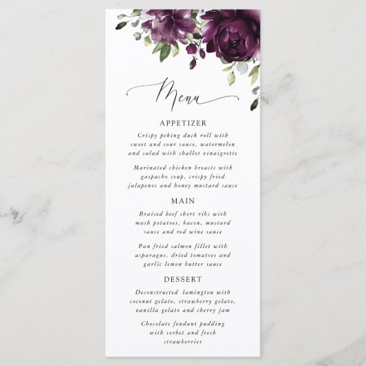 Purple Flowers, Plum Flowers, Bridal Shower Menu (Voorkant)
