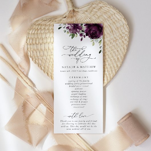 Purple Flowers, Plum Flowers, Wedding Program Programmakaart