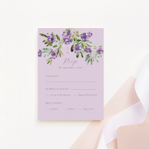 Purple Flowers Romantic Calligraphy Meal Choice RSVP Kaartje