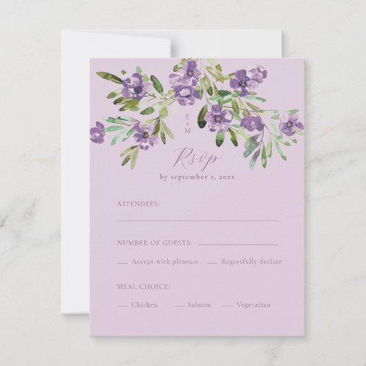 Purple Flowers Romantic Calligraphy Meal Choice RSVP Kaartje (Voorkant)