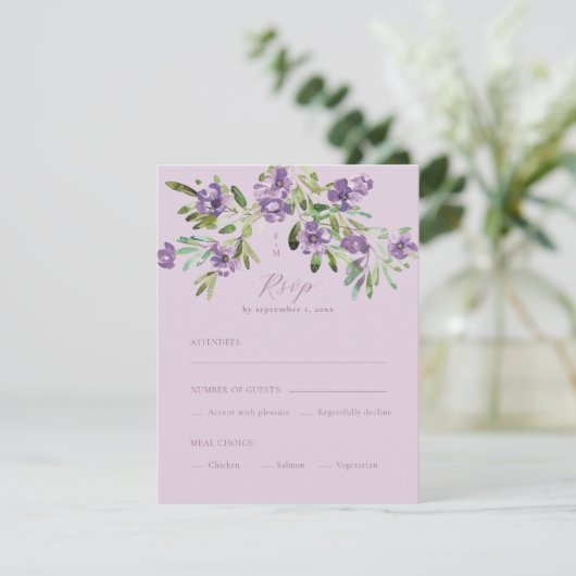 Purple Flowers Romantic Calligraphy Meal Choice RSVP Kaartje (Staand voorkant)