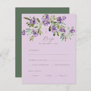 Purple Flowers Romantic Calligraphy Meal Choice RSVP Kaartje