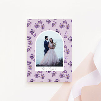 Purple Flowers Romantic Script Arch Photo Bedankkaart