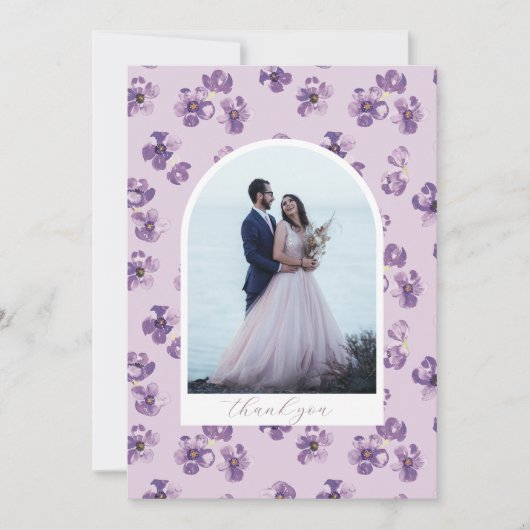 Purple Flowers Romantic Script Arch Photo Bedankkaart (Voorkant)