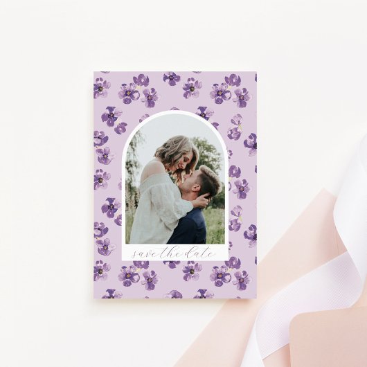 Purple Flowers Romantic Script Arch Photo Save The Date