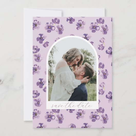 Purple Flowers Romantic Script Arch Photo Save The Date (Voorkant)