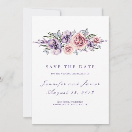 Purple Flowers Romantisch Save the Date (Voorkant)