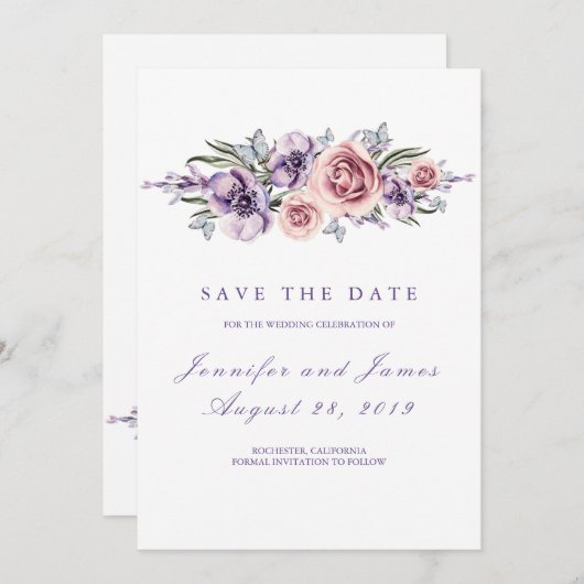 Purple Flowers Romantisch Save the Date (Voorkant / Achterkant)