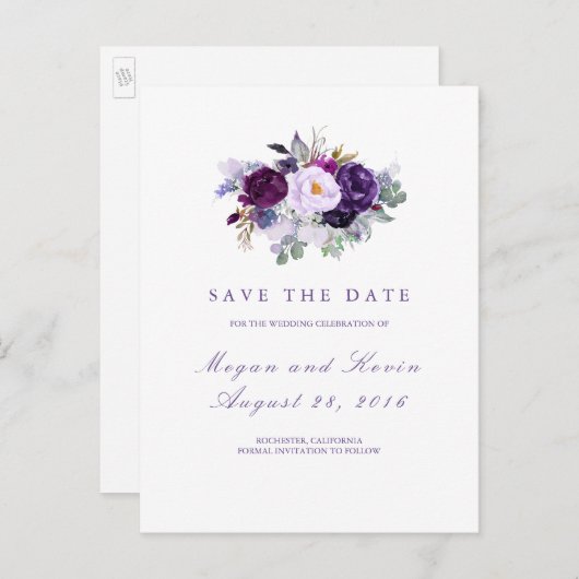 Purple Flowers Romantisch Save the Date Aankondigingskaart (Voorkant / Achterkant)