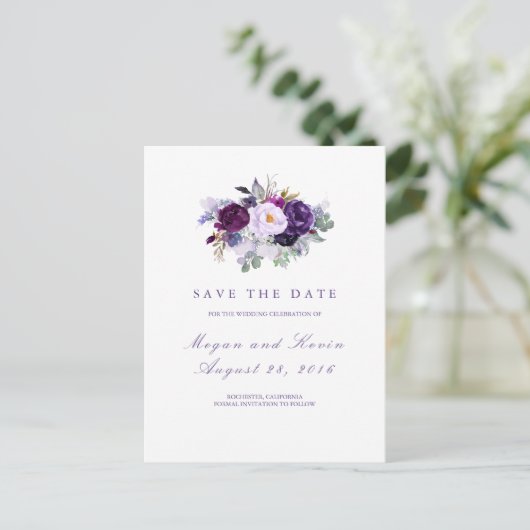 Purple Flowers Romantisch Save the Date Aankondigingskaart (Staand voorkant)