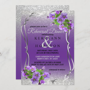 Purple Flowers & Silver Glitter - Rehearsal Dinner Kaart