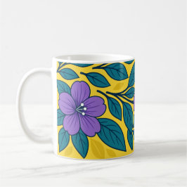 Purple Flowers & Teal Leaves on Yellow Background Koffiemok