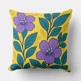 Purple Flowers & Teal Leaves on Yellow Background Kussen