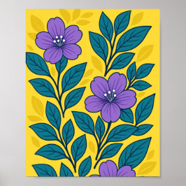 Purple Flowers & Teal Leaves on Yellow Background Poster