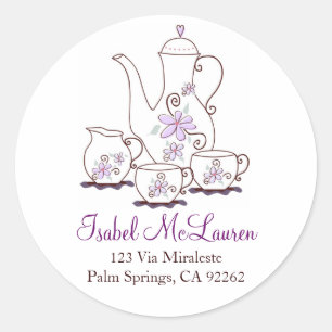 Purple Flowers Theeset Adresetiketten Ronde Sticker