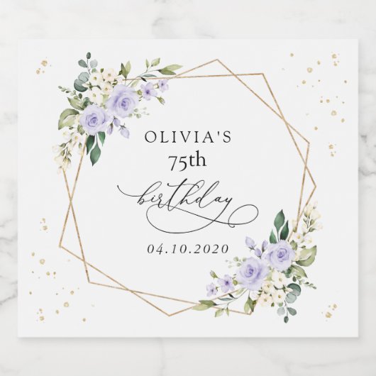 Purple Flowers, White Flowers, Greenery, Birthday Sparkling Wijnetiket (Enkel label)