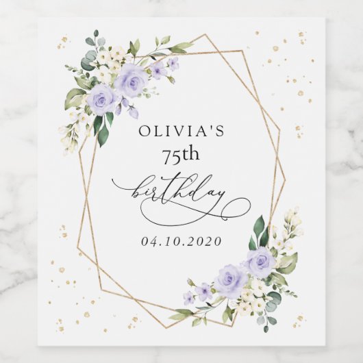 Purple Flowers, White Flowers, Greenery, Birthday Wijn Etiket (Enkel label)